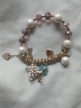 Gold Tone Pearl & Purple Crystal Poodle Charm Bracelet -Betsey Johnson